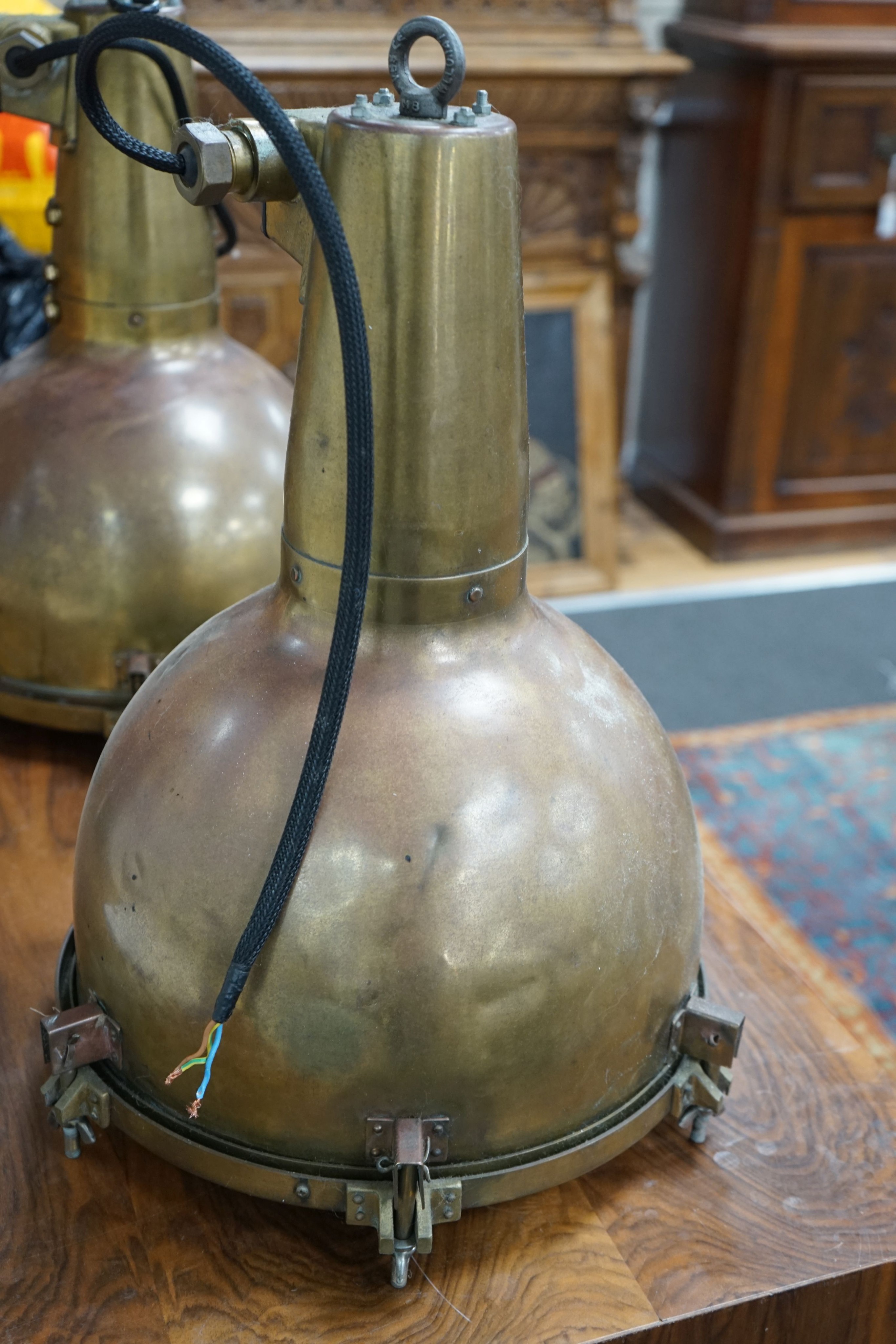 A pair of vintage industrial copper and brass ceiling lights, ex Japanese ship. Height 48cm